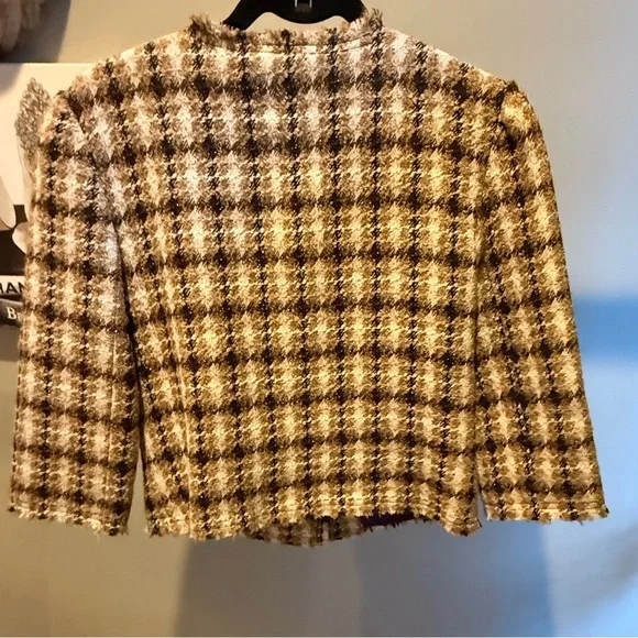 Trina Turk Gold Metallic Tweed 3/4 Sleeve Jacket w/ Gold Hardware Size 8/M $398 - Picture 4 of 10